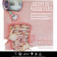 Convite para inscrições da residência artística Jardim de Narrativas.